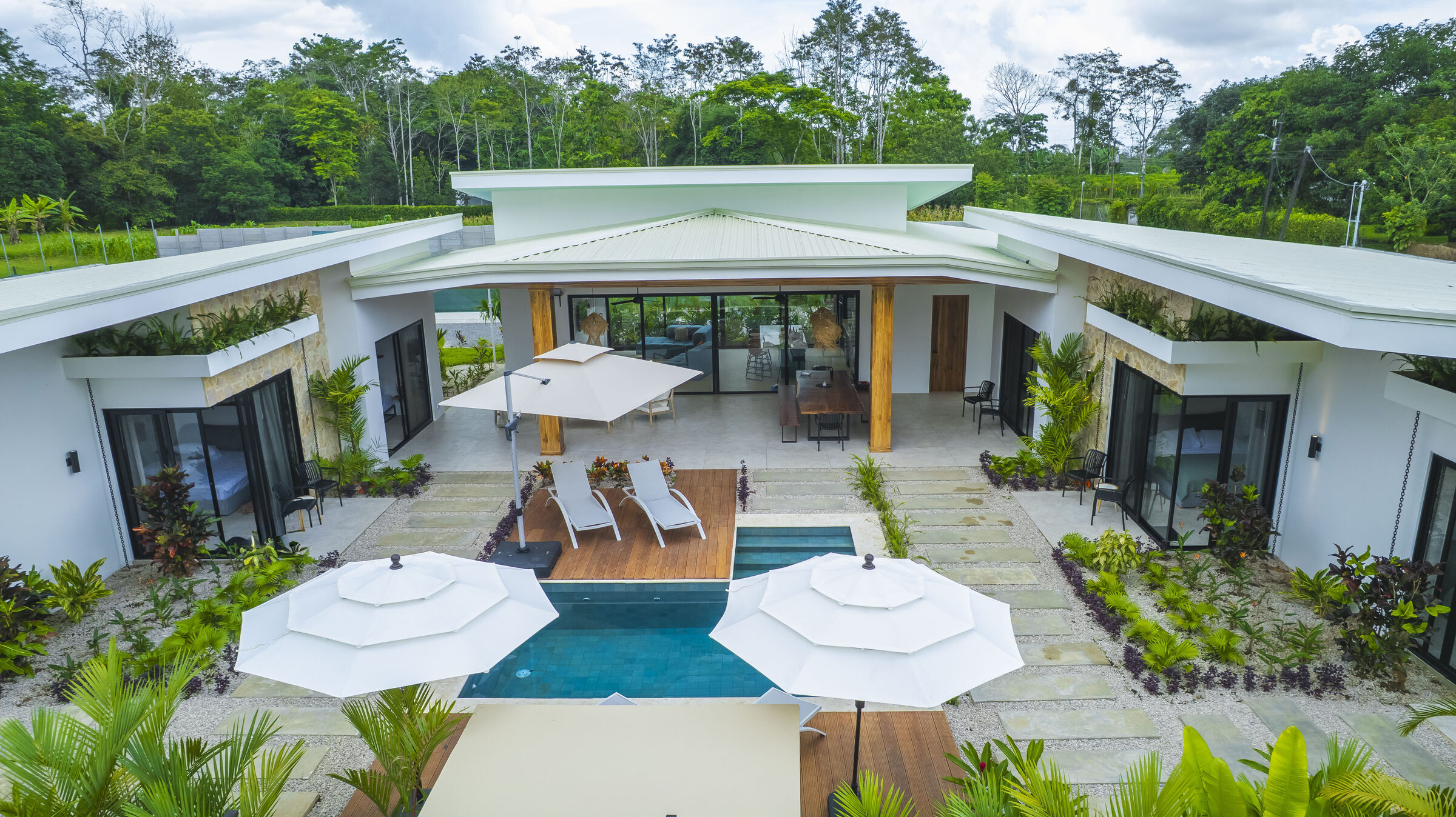 Aerial view of Villa Amara and its pool